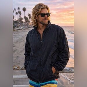 Vintage Hobie Black Surf Windbreaker Jacket Retro California Surf Style Size L